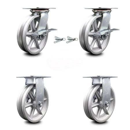 Service Caster 8 Inch V Groove Semi Steel Caster Brakes/Swivel Locks and 2 Rigid SCC, 2PK SCC-35S820-VGR-SLB-BSL-2-R-2